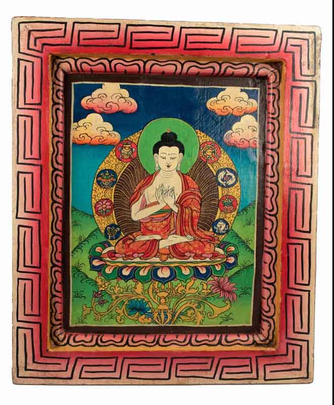 Thangka Bouddha Vairochana – Peinture Sur Bois Artisanat Népalais