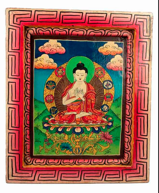Thangka Bouddha Vairochana – Peinture Sur Bois Artisanat Népalais