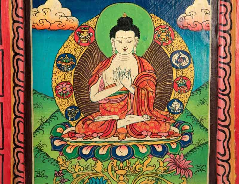 Thangka Bouddha Vairochana – Peinture Sur Bois Artisanat Népalais