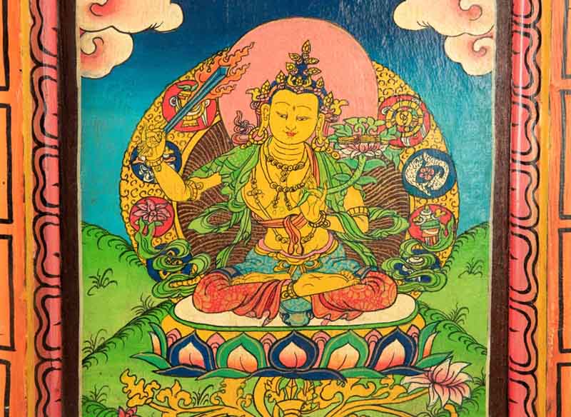 Thangka Manjushri – Bodhisattva De La Sagesse Peinture Sur Bois Népalais