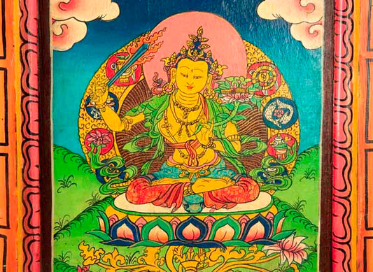 Thangka Manjushri – Bodhisattva De La Sagesse Peinture Sur Bois Népalais