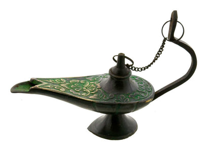 Lampe d’Aladin en Laiton 13,2 cm – Patine Brune et Verte – Artisanat Indien