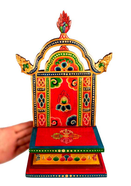 Autel bouddhiste pour statue de Bouddha 40,5 cm – temple tibétain artisanal en bois peint