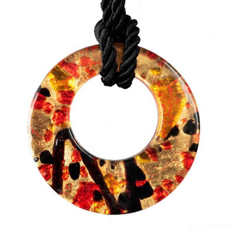 Pendentif Donut en Verre de Murano Rouge, Noir et Doré – Bijou Italien Unique