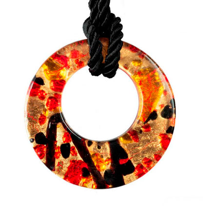 Pendentif Donut en Verre de Murano Rouge, Noir et Doré – Bijou Italien Unique