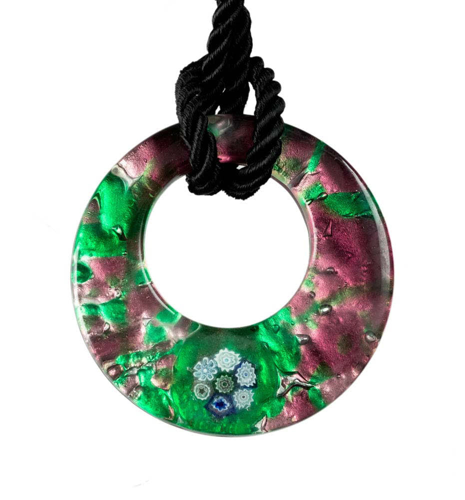 Pendentif Donut en Verre de Murano Vert et Violet – Bijou d’Exception Italien