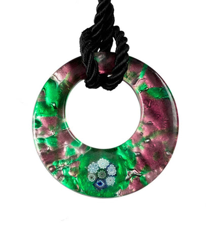 Pendentif Donut en Verre de Murano Vert et Violet – Bijou d’Exception Italien