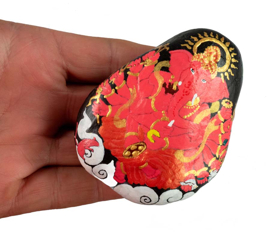 Galet Peint Ganesh 8,8 cm – Décoration Hindouiste Artisanale en Pierre