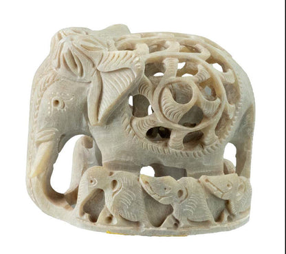 Statuette Éléphant Et Éléphanteaux En Pierre Ollaire – Artisanat Indien