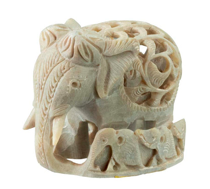 Statuette Éléphant Et Éléphanteaux En Pierre Ollaire – Artisanat Indien