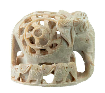 Statuette Éléphant Et Éléphanteaux En Pierre Ollaire – Artisanat Indien