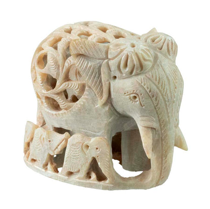 Statuette Éléphant Et Éléphanteaux En Pierre Ollaire – Artisanat Indien