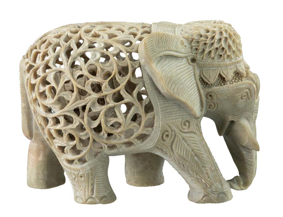 Statue Éléphant En Stéatite Avec Éléphanteau – Artisanat Indien