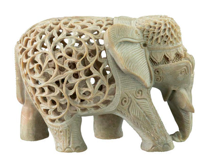 Statue Éléphant En Stéatite Avec Éléphanteau – Artisanat Indien