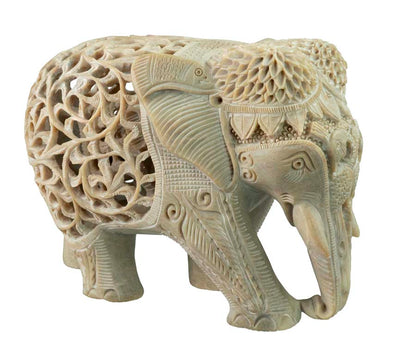 Statue Éléphant En Stéatite Avec Éléphanteau – Artisanat Indien