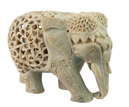 Statue Éléphant En Stéatite Avec Éléphanteau – Artisanat Indien