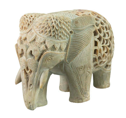 Statue Éléphant En Stéatite Avec Éléphanteau – Artisanat Indien