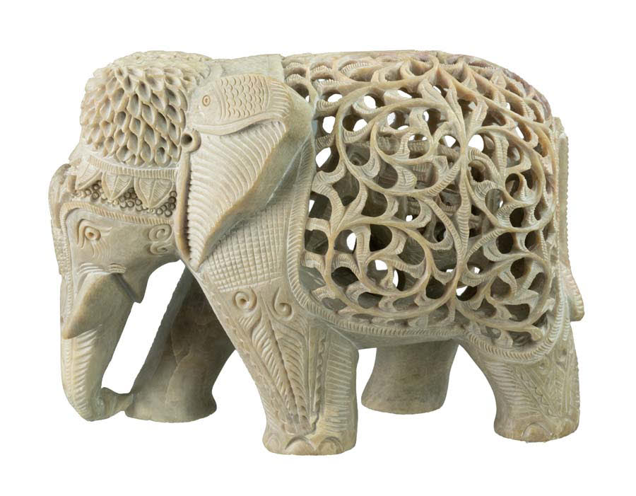 Statue Éléphant En Stéatite Avec Éléphanteau – Artisanat Indien