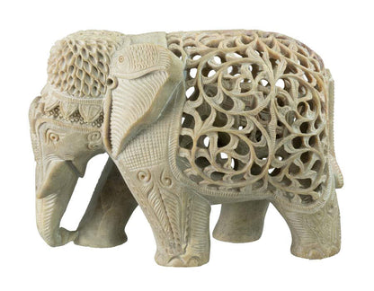 Statue Éléphant En Stéatite Avec Éléphanteau – Artisanat Indien