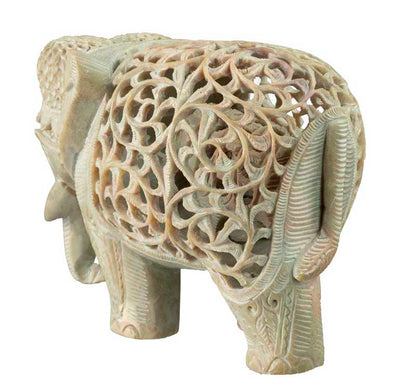 Statue Éléphant En Stéatite Avec Éléphanteau – Artisanat Indien