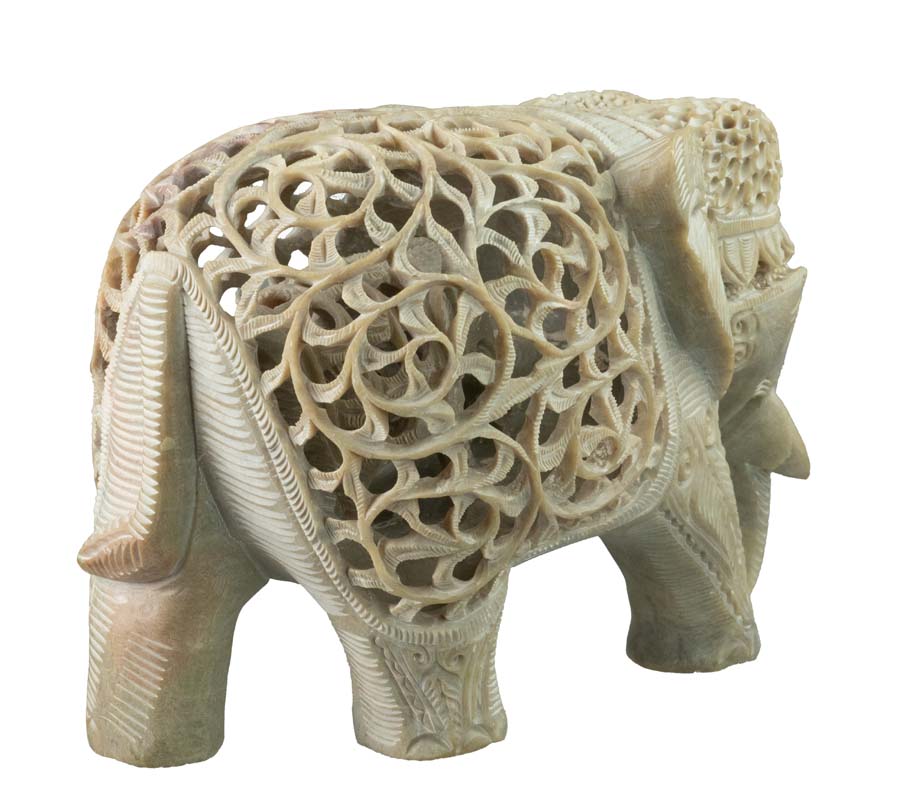 Statue Éléphant En Stéatite Avec Éléphanteau – Artisanat Indien