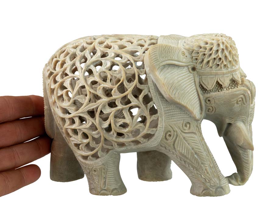 Statue Éléphant En Stéatite Avec Éléphanteau – Artisanat Indien