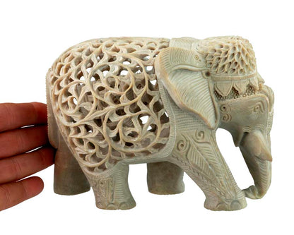 Statue Éléphant En Stéatite Avec Éléphanteau – Artisanat Indien