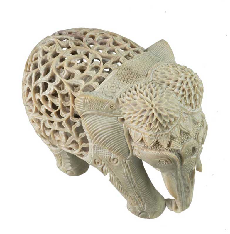 Statue Éléphant En Stéatite Avec Éléphanteau – Artisanat Indien