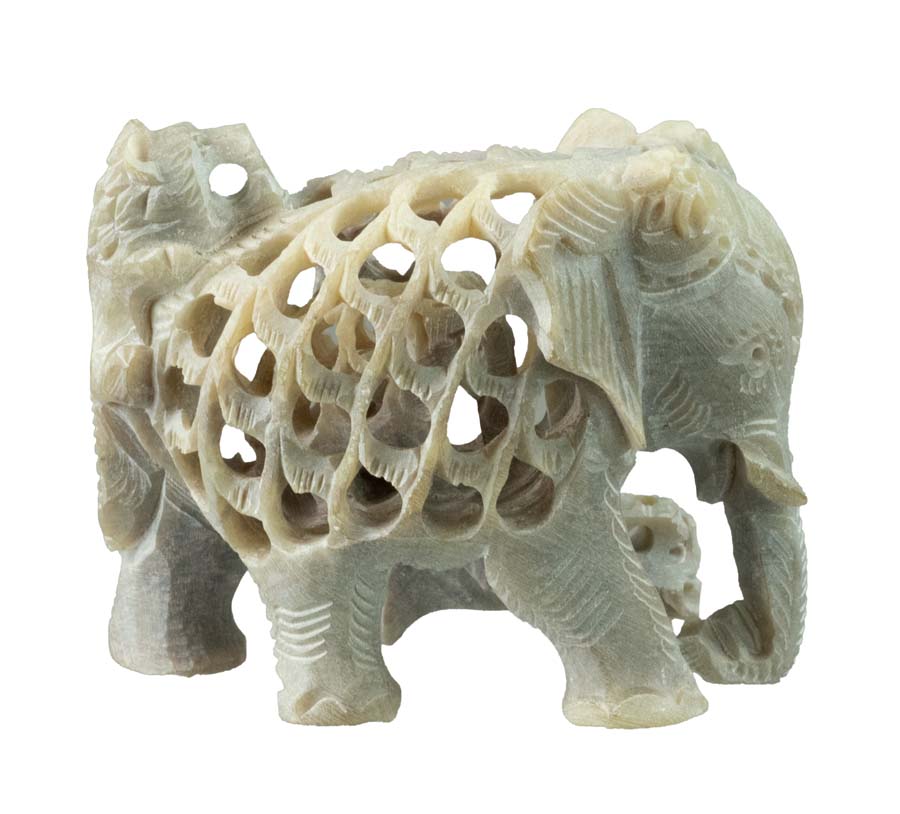 Statue Éléphant En Stéatite – Éléphant Attaqué Par Un Lion – Artisanat Indien