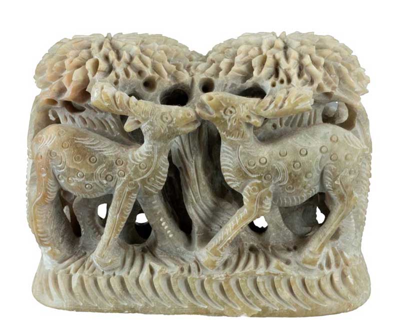 Statue Éléphant Et Cerf Bi-Face En Stéatite – Artisanat Indien