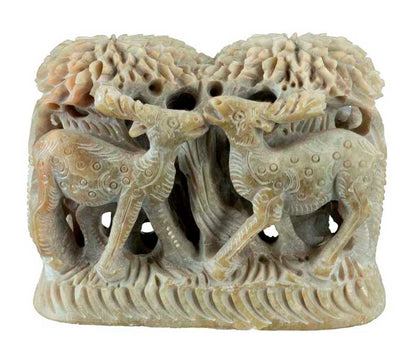 Statue Éléphant Et Cerf Bi-Face En Stéatite – Artisanat Indien