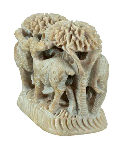 Statue Éléphant Et Cerf Bi-Face En Stéatite – Artisanat Indien