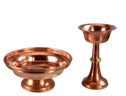 Serkyem tibétain en cuivre – Coupe et vase d'offrandes bouddhistes Tsok