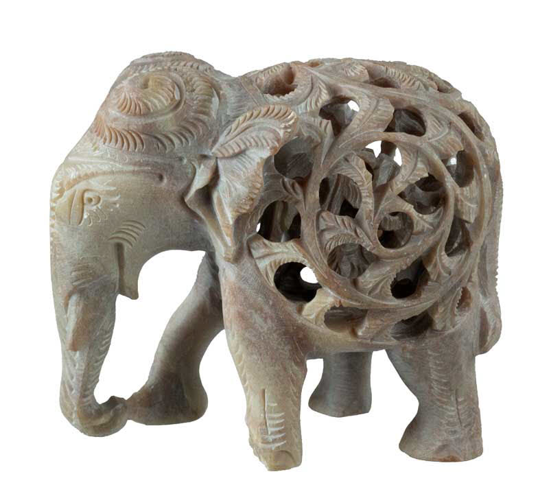 Statuette Éléphant Trompe En L’Air En Stéatite – Avec Éléphanteau – Artisanat Indien