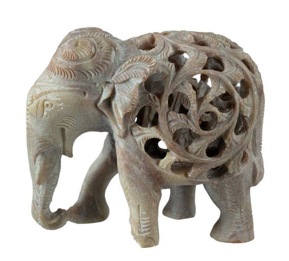 Statuette Éléphant Trompe En L’Air En Stéatite – Avec Éléphanteau – Artisanat Indien
