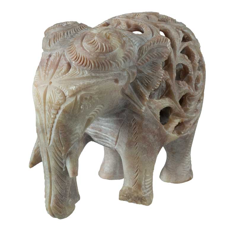 Statuette Éléphant Trompe En L’Air En Stéatite – Avec Éléphanteau – Artisanat Indien