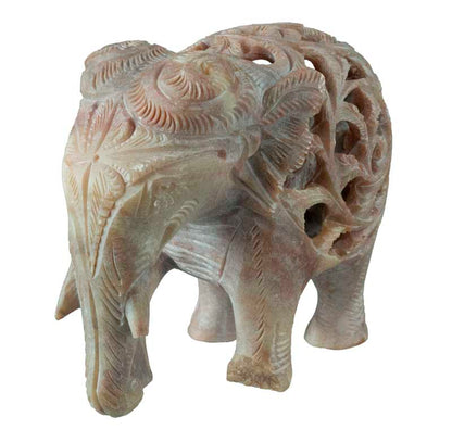 Statuette Éléphant Trompe En L’Air En Stéatite – Avec Éléphanteau – Artisanat Indien