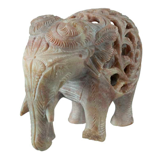 Statuette Éléphant Trompe En L’Air En Stéatite – Avec Éléphanteau – Artisanat Indien