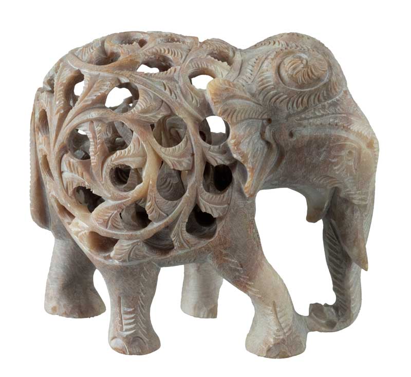 Statuette Éléphant Trompe En L’Air En Stéatite – Avec Éléphanteau – Artisanat Indien