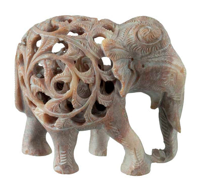 Statuette Éléphant Trompe En L’Air En Stéatite – Avec Éléphanteau – Artisanat Indien