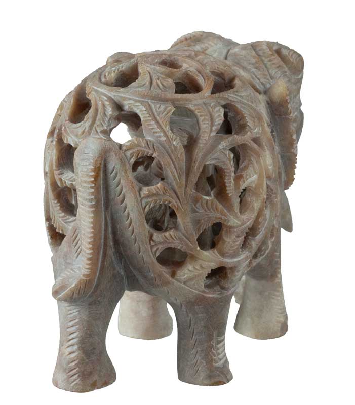 Statuette Éléphant Trompe En L’Air En Stéatite – Avec Éléphanteau – Artisanat Indien