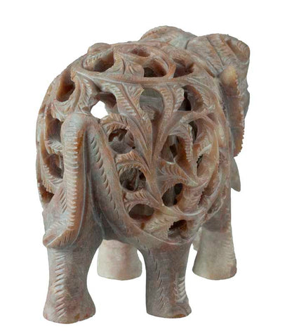Statuette Éléphant Trompe En L’Air En Stéatite – Avec Éléphanteau – Artisanat Indien