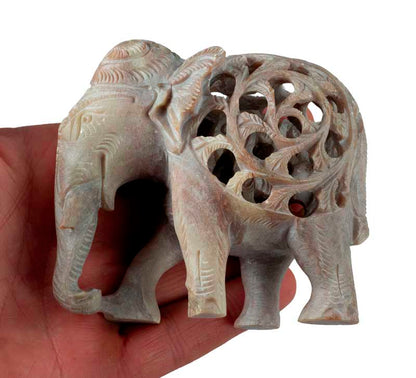Statuette Éléphant Trompe En L’Air En Stéatite – Avec Éléphanteau – Artisanat Indien