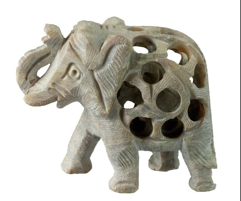 Statuette Éléphant En Pierre Stéatite – Trompe En L’Air, Artisanat Indien