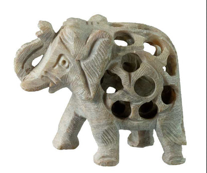 Statuette Éléphant En Pierre Stéatite – Trompe En L’Air, Artisanat Indien
