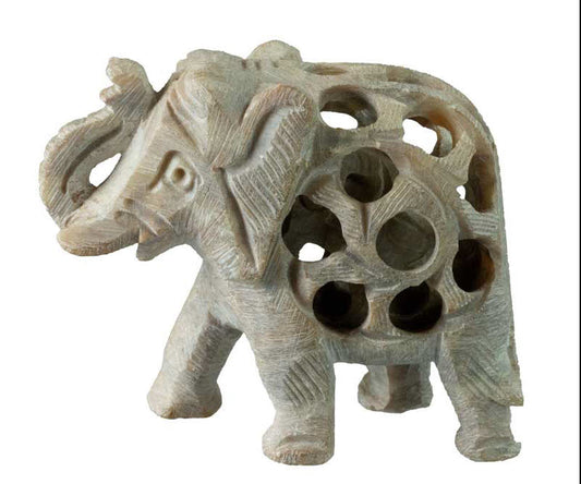 Statuette Éléphant En Pierre Stéatite – Trompe En L’Air, Artisanat Indien