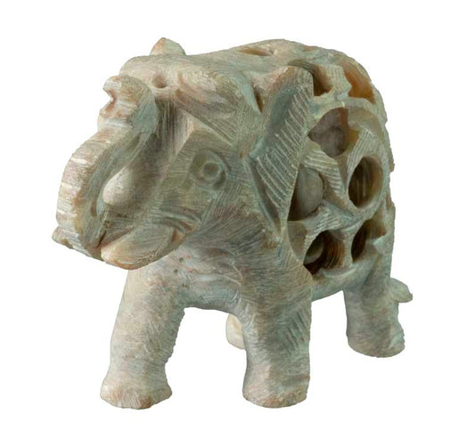 Statuette Éléphant En Pierre Stéatite – Trompe En L’Air, Artisanat Indien