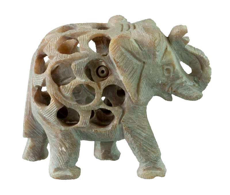 Statuette Éléphant En Pierre Stéatite – Trompe En L’Air, Artisanat Indien