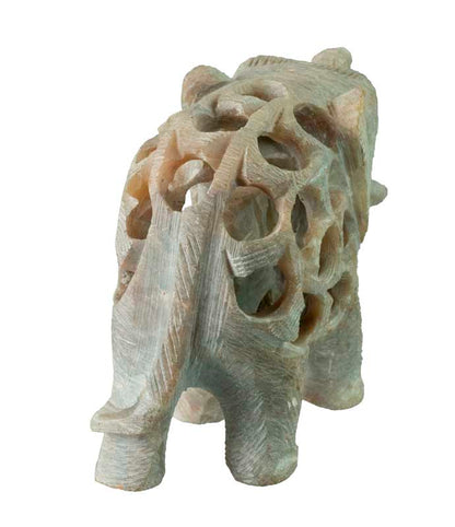 Statuette Éléphant En Pierre Stéatite – Trompe En L’Air, Artisanat Indien