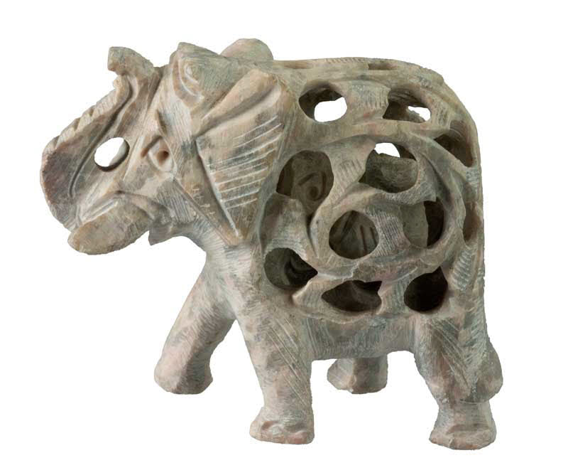 Statuette Éléphant En Pierre Stéatite – Trompe En L’Air, Artisanat Indien
